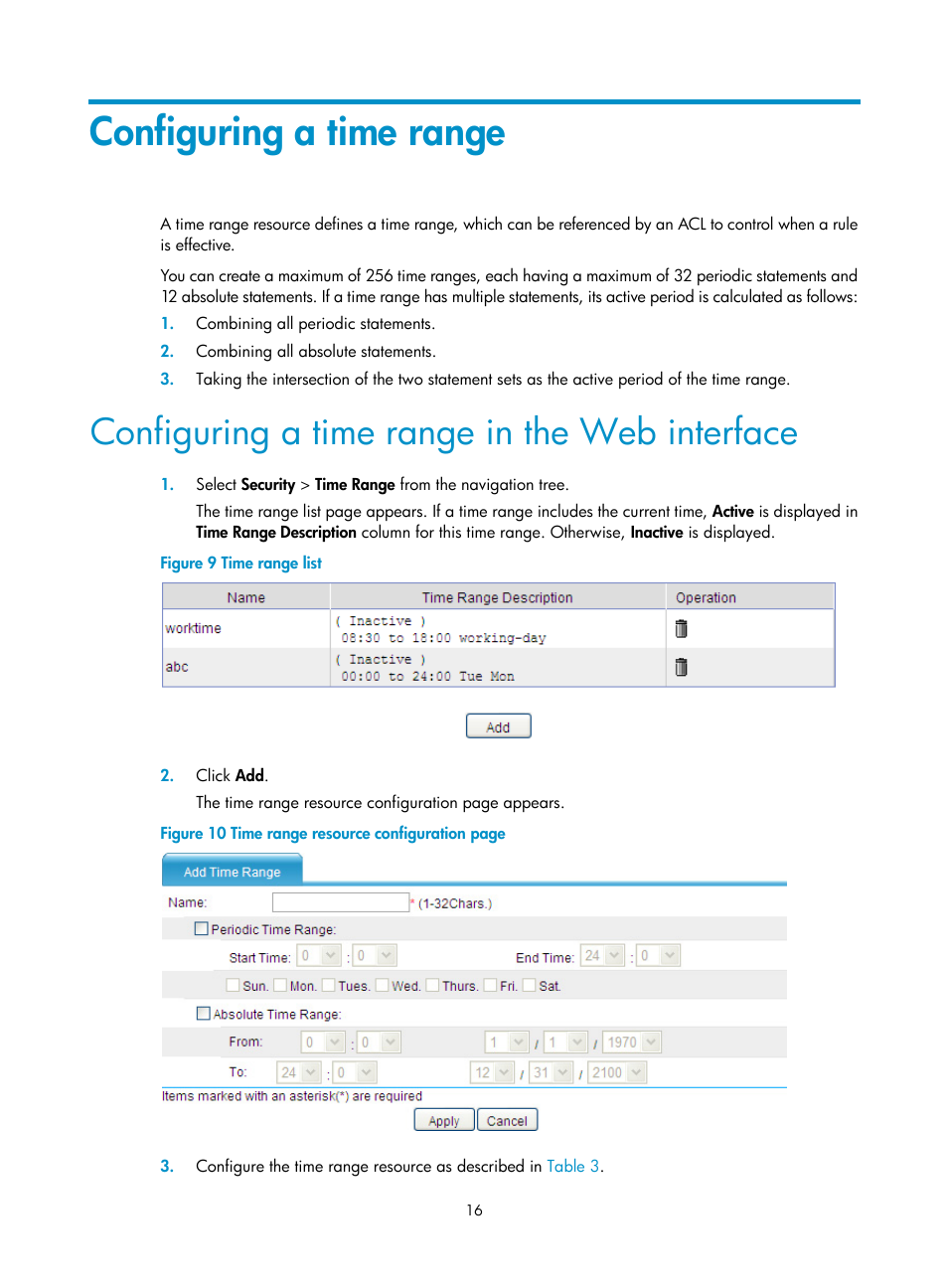 Configuring a time range, Configuring a time range in the web interface | H3C Technologies H3C SecBlade LB Cards User Manual | Page 27 / 278