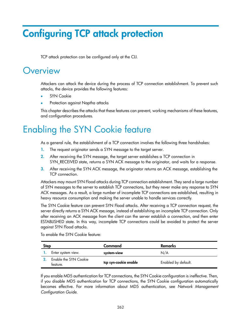 Configuring tcp attack protection, Overview, Enabling the syn cookie feature | H3C Technologies H3C SecBlade LB Cards User Manual | Page 273 / 278