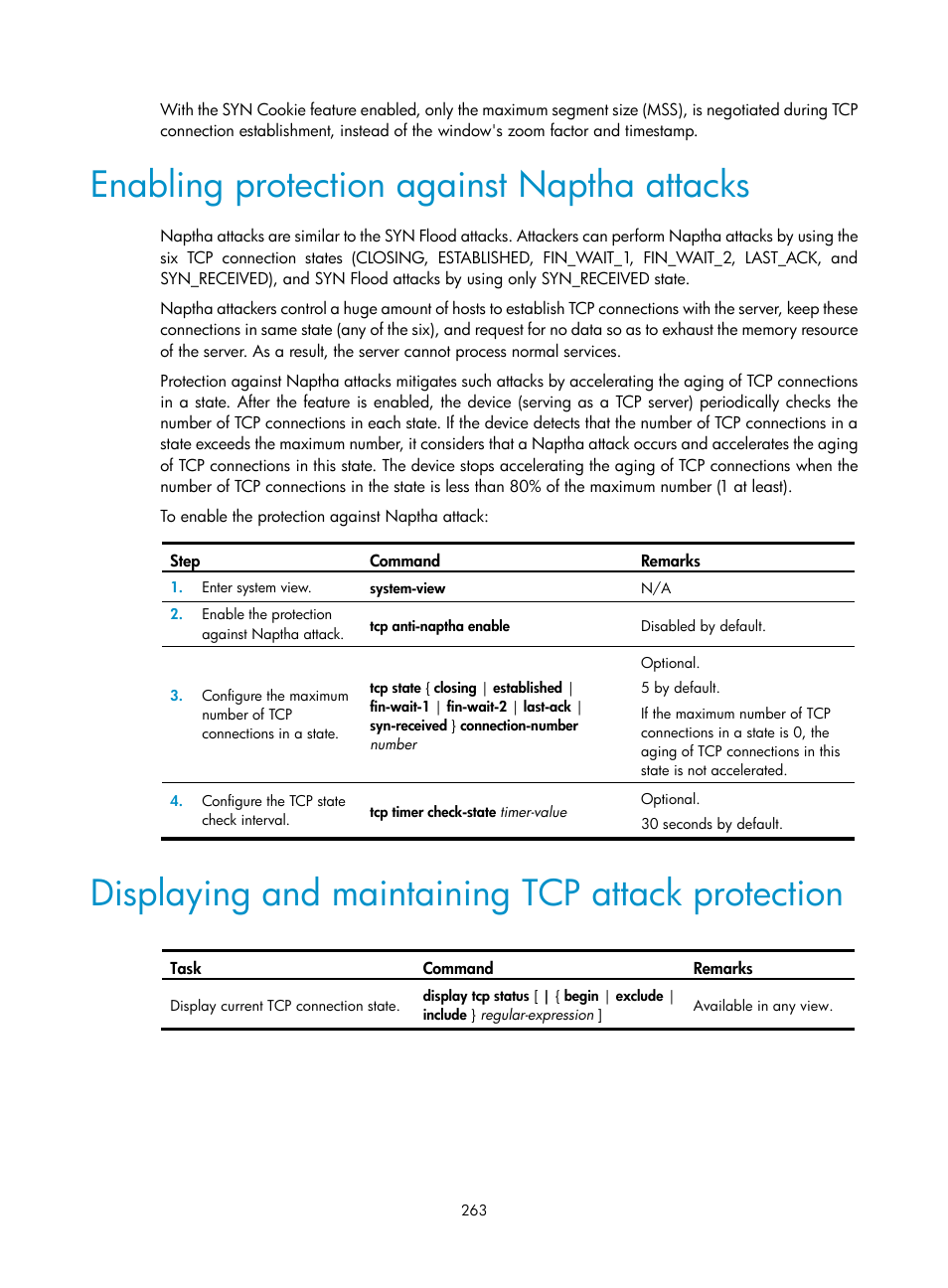 Enabling protection against naptha attacks, Displaying and maintaining tcp attack protection | H3C Technologies H3C SecBlade LB Cards User Manual | Page 274 / 278