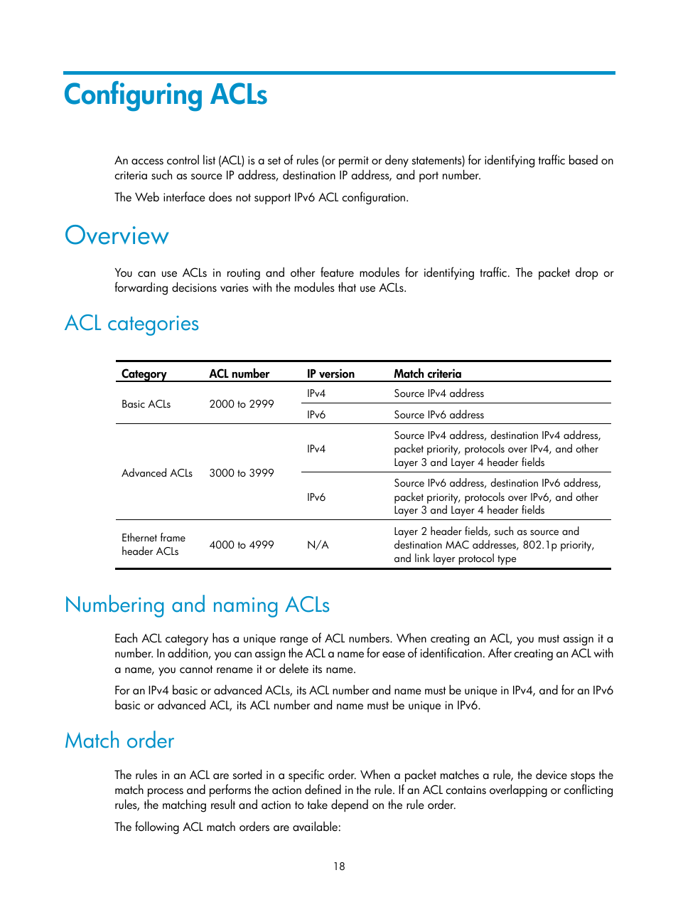 Configuring acls, Overview, Acl categories | Numbering and naming acls, Match order | H3C Technologies H3C SecBlade LB Cards User Manual | Page 29 / 278