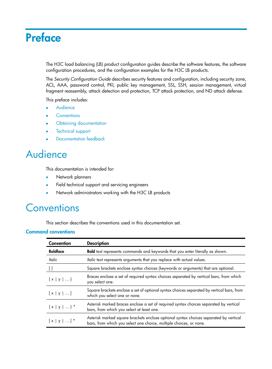 Preface, Audience, Conventions | Command conventions | H3C Technologies H3C SecBlade LB Cards User Manual | Page 3 / 278