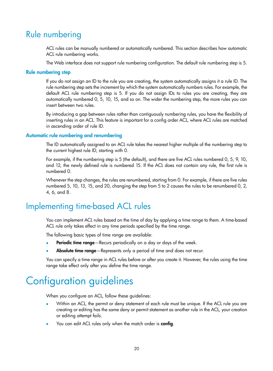 Rule numbering, Rule numbering step, Automatic rule numbering and renumbering | Implementing time-based acl rules, Configuration guidelines | H3C Technologies H3C SecBlade LB Cards User Manual | Page 31 / 278