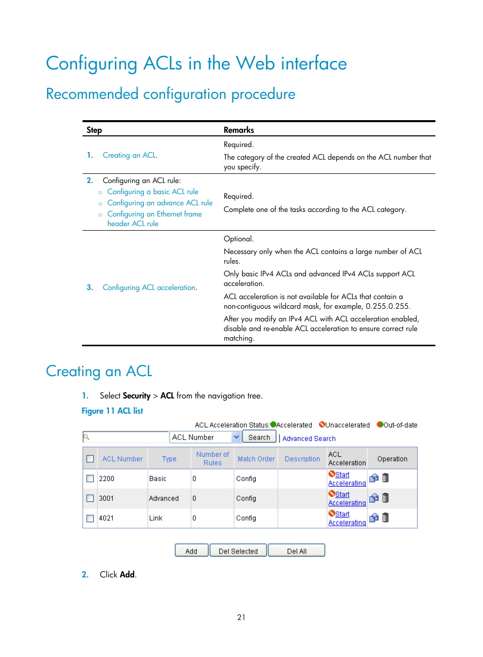 Configuring acls in the web interface, Recommended configuration procedure, Creating an acl | H3C Technologies H3C SecBlade LB Cards User Manual | Page 32 / 278