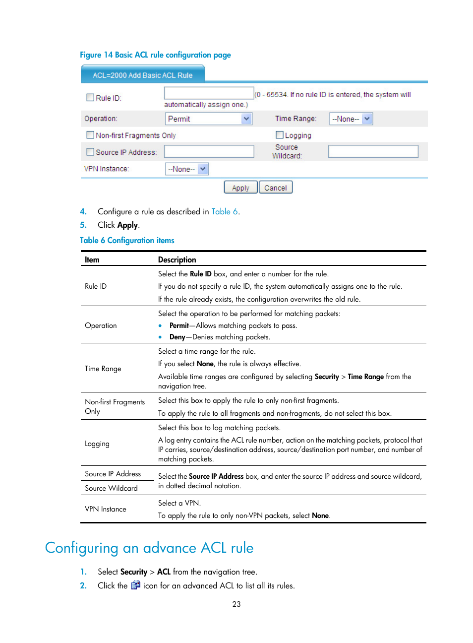 Configuring an advance acl rule | H3C Technologies H3C SecBlade LB Cards User Manual | Page 34 / 278