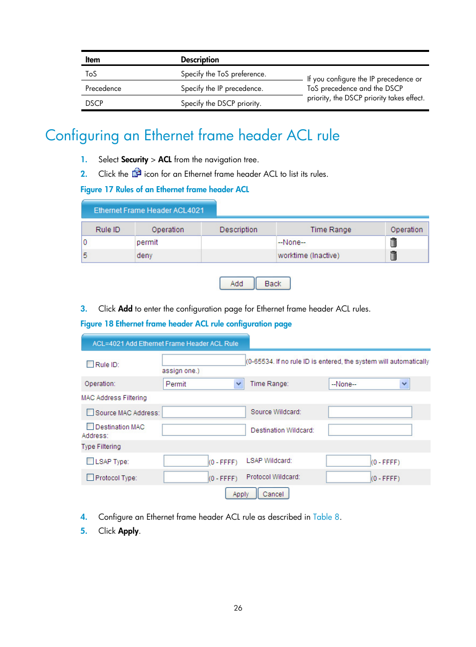 Configuring an ethernet frame header acl rule, Configuring an ethernet frame, Header acl rule | H3C Technologies H3C SecBlade LB Cards User Manual | Page 37 / 278