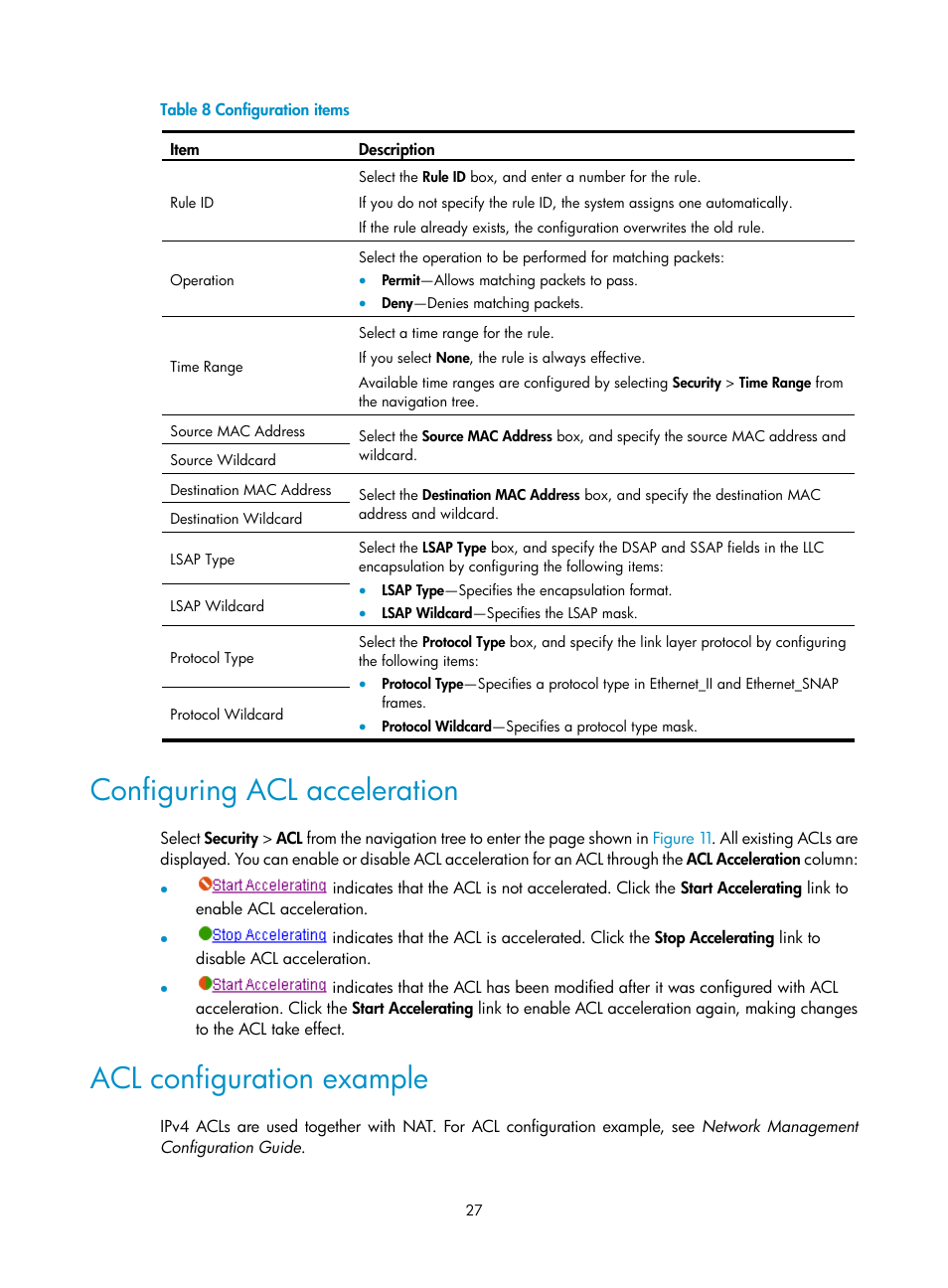 Configuring acl acceleration, Acl configuration example | H3C Technologies H3C SecBlade LB Cards User Manual | Page 38 / 278