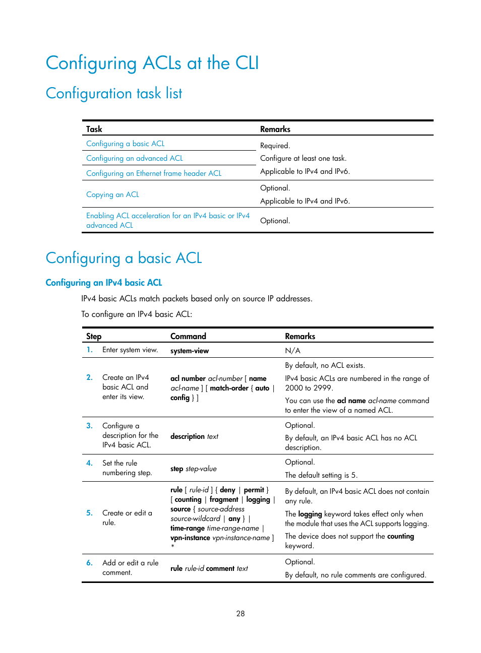 Configuring acls at the cli, Configuration task list, Configuring a basic acl | Configuring an ipv4 basic acl | H3C Technologies H3C SecBlade LB Cards User Manual | Page 39 / 278