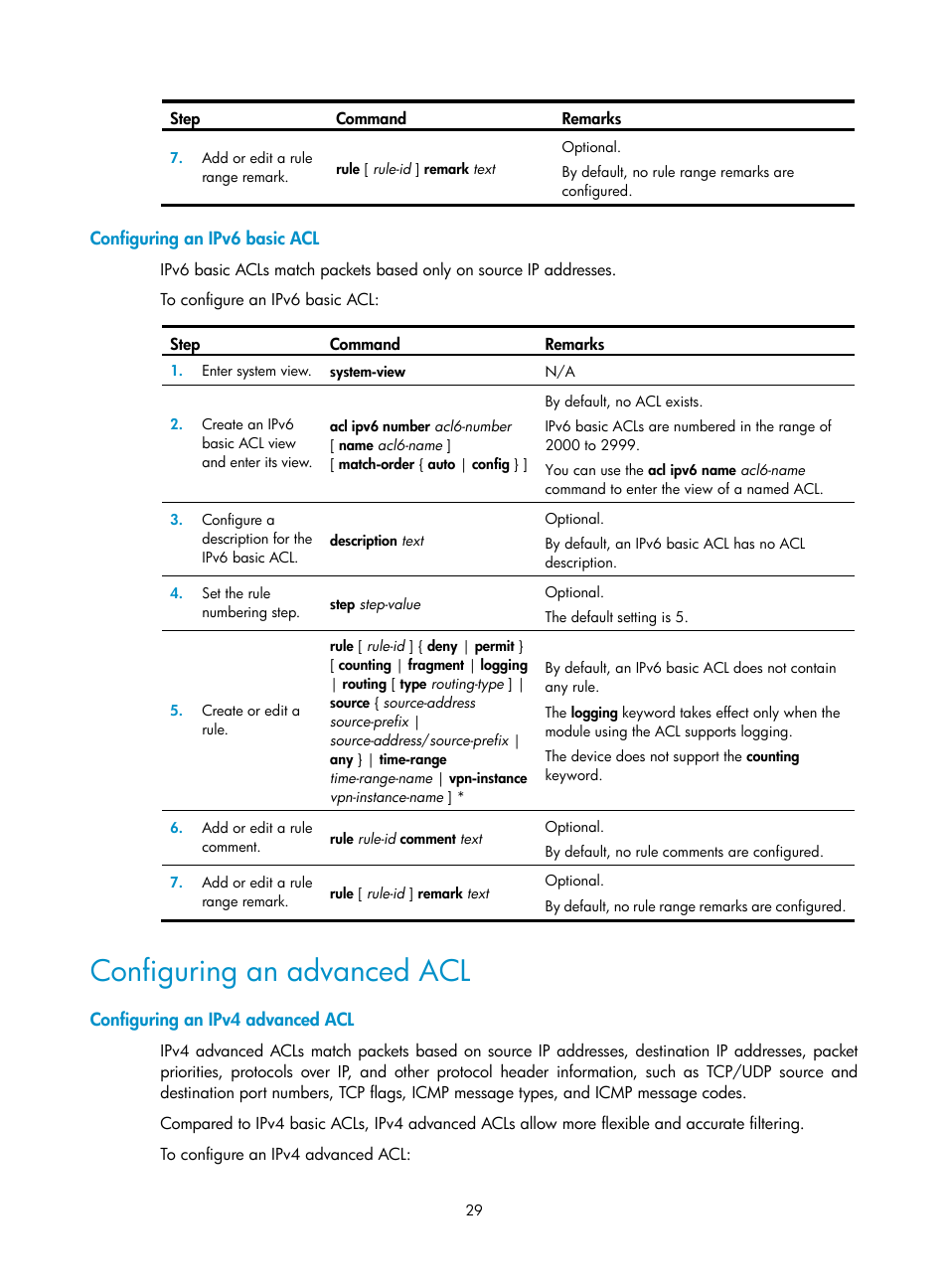 Configuring an ipv6 basic acl, Configuring an advanced acl, Configuring an ipv4 advanced acl | H3C Technologies H3C SecBlade LB Cards User Manual | Page 40 / 278