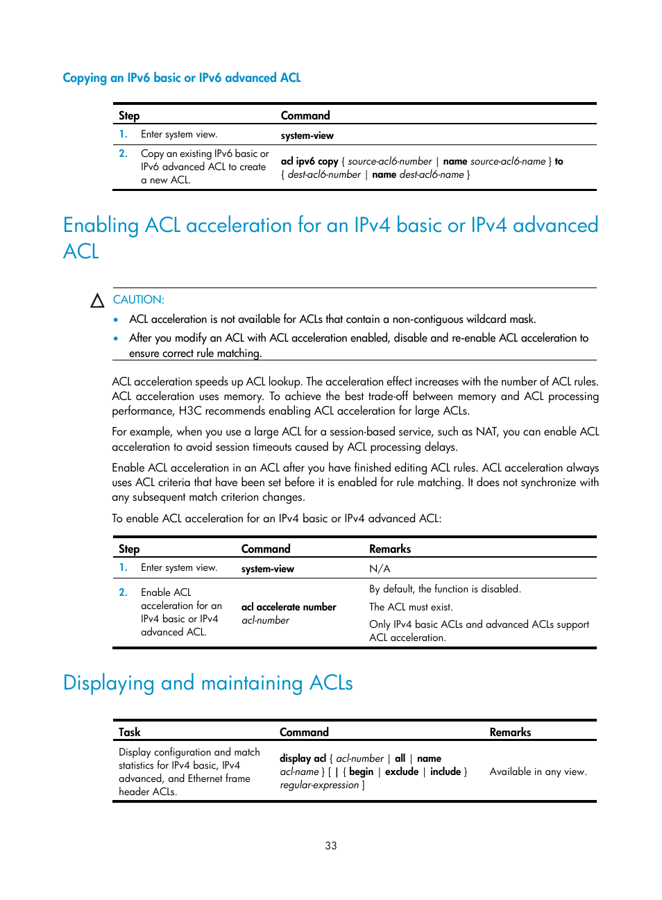 Copying an ipv6 basic or ipv6 advanced acl, Displaying and maintaining acls | H3C Technologies H3C SecBlade LB Cards User Manual | Page 44 / 278