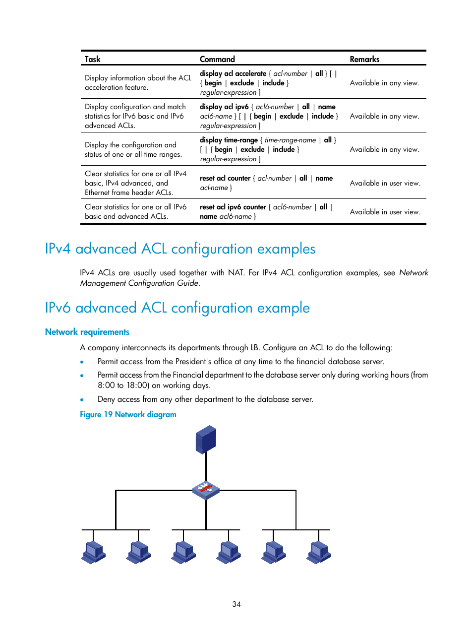 Ipv4 advanced acl configuration examples, Ipv6 advanced acl configuration example, Network requirements | H3C Technologies H3C SecBlade LB Cards User Manual | Page 45 / 278