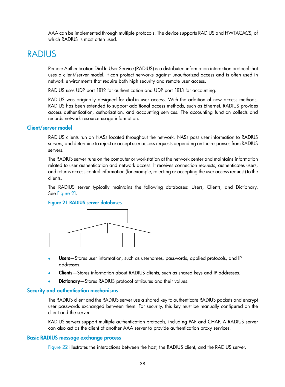 Radius, Client/server model, Security and authentication mechanisms | Basic radius message exchange process | H3C Technologies H3C SecBlade LB Cards User Manual | Page 49 / 278