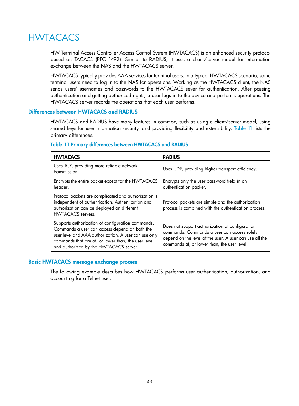 Hwtacacs, Differences between hwtacacs and radius, Basic hwtacacs message exchange process | H3C Technologies H3C SecBlade LB Cards User Manual | Page 54 / 278