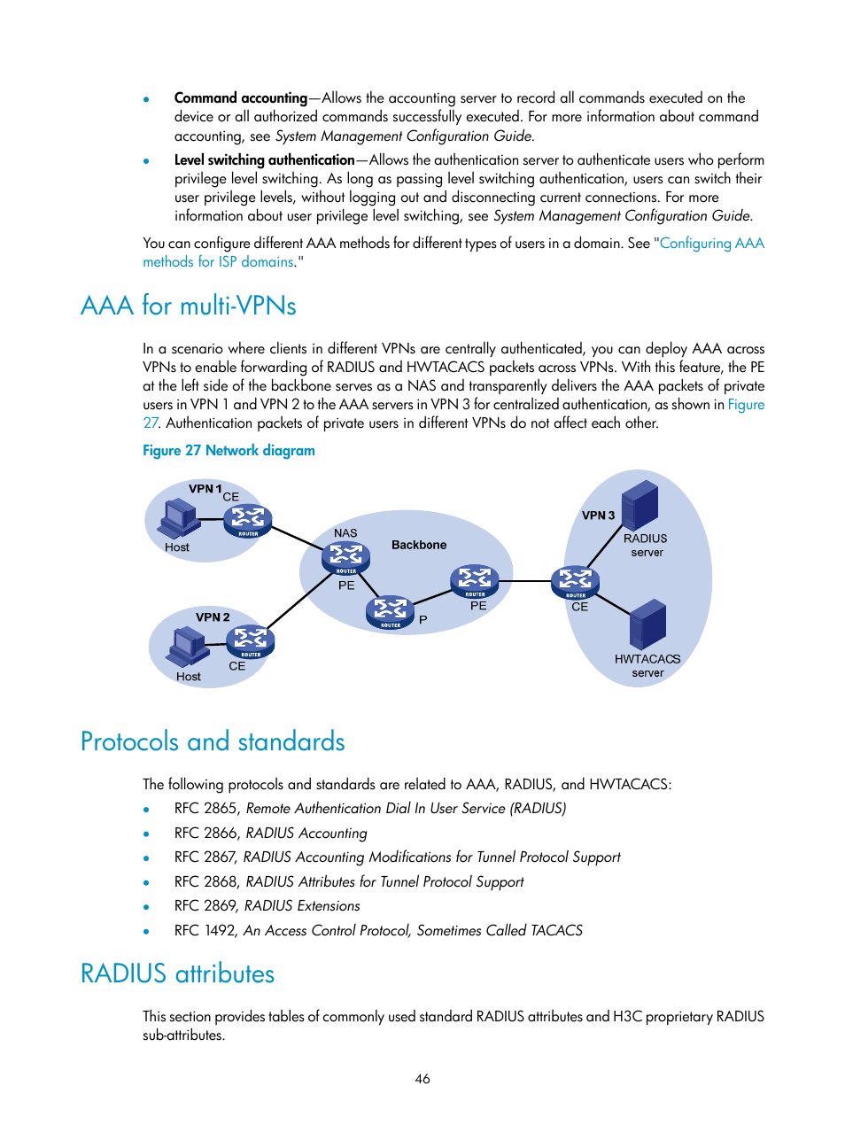 Aaa for multi-vpns, Protocols and standards, Radius attributes | H3C Technologies H3C SecBlade LB Cards User Manual | Page 57 / 278