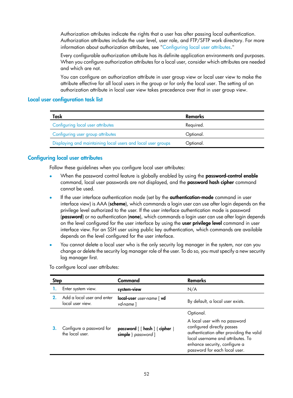 Local user configuration task list, Configuring local user attributes | H3C Technologies H3C SecBlade LB Cards User Manual | Page 63 / 278