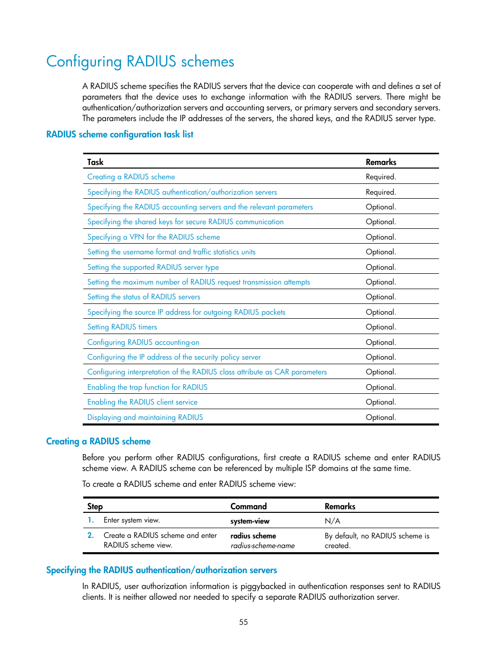 Configuring radius schemes, Radius scheme configuration task list, Creating a radius scheme | H3C Technologies H3C SecBlade LB Cards User Manual | Page 66 / 278