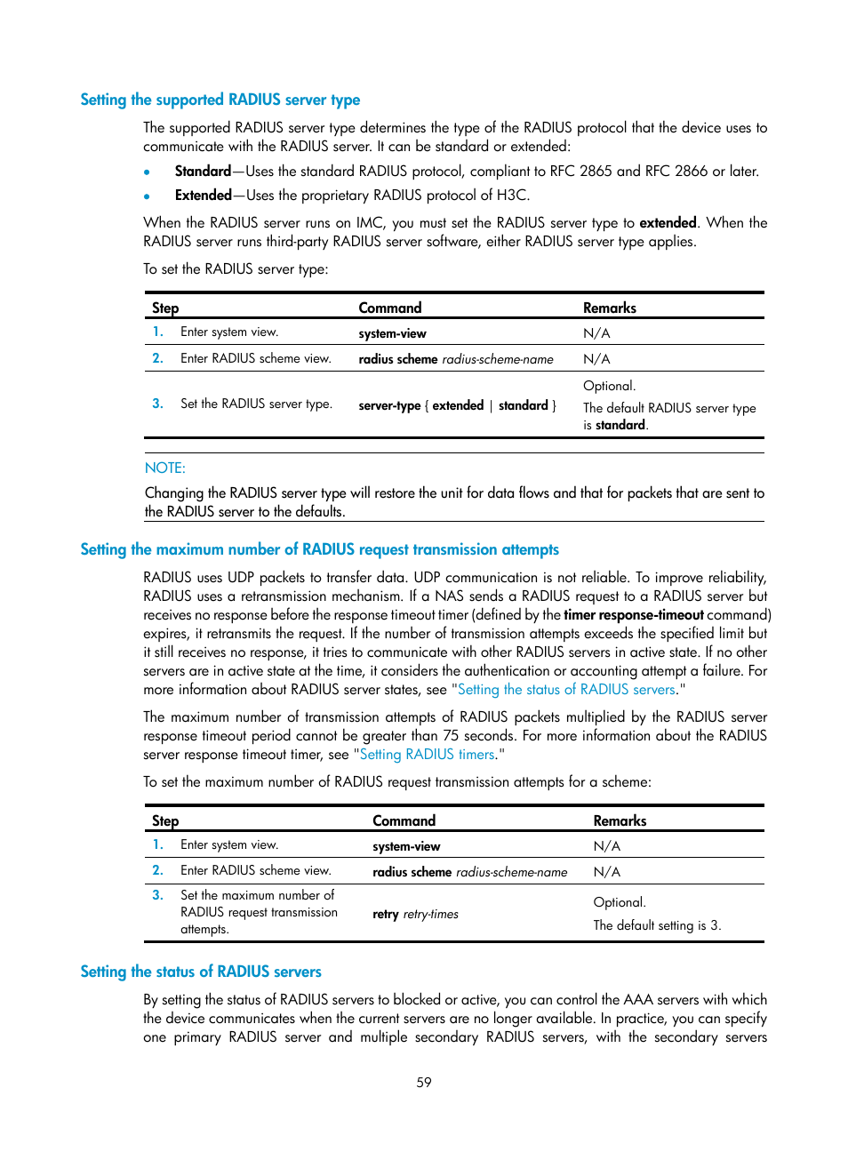 Setting the supported radius server type, Setting the status of radius servers | H3C Technologies H3C SecBlade LB Cards User Manual | Page 70 / 278