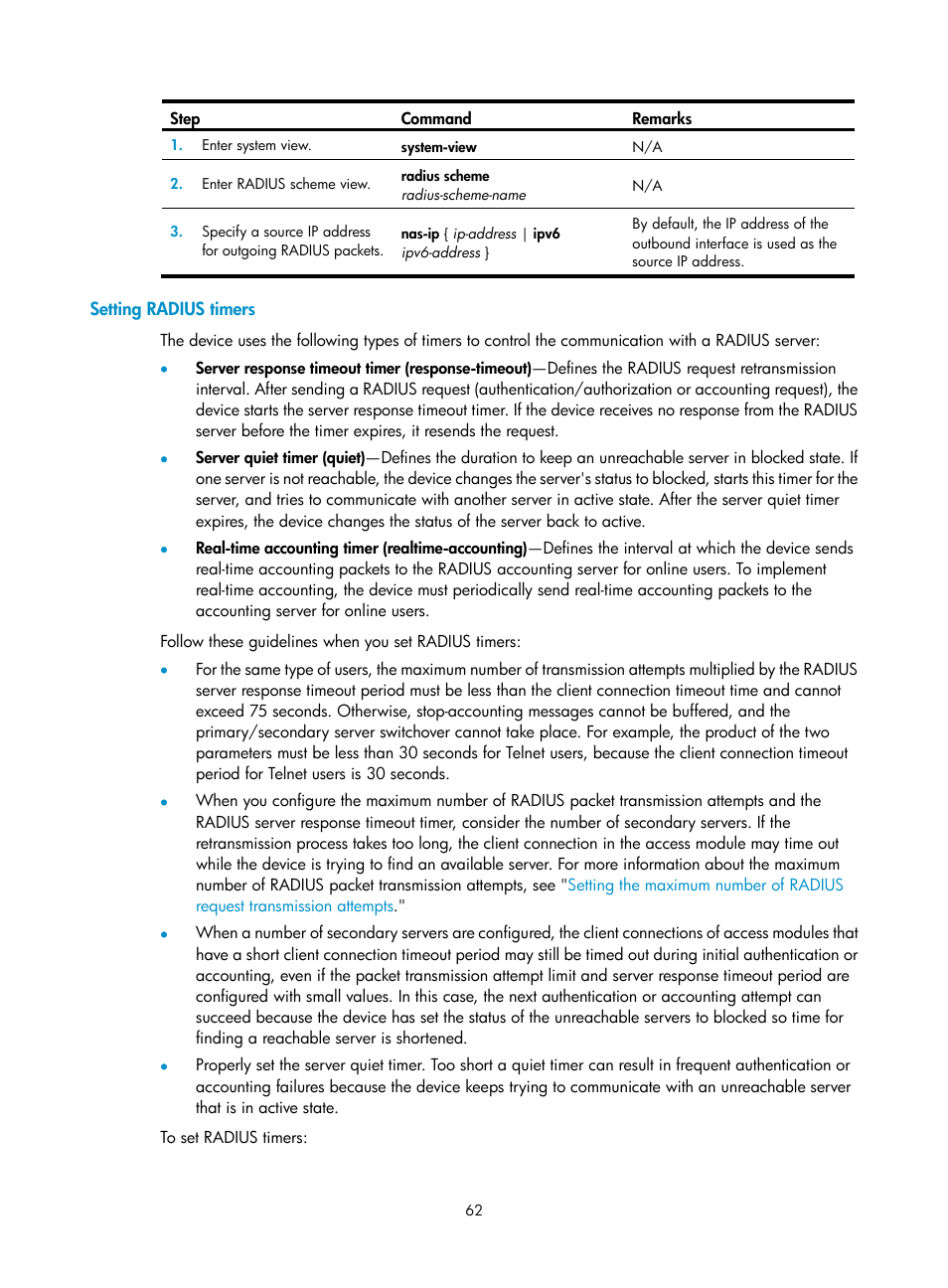 Setting radius timers | H3C Technologies H3C SecBlade LB Cards User Manual | Page 73 / 278