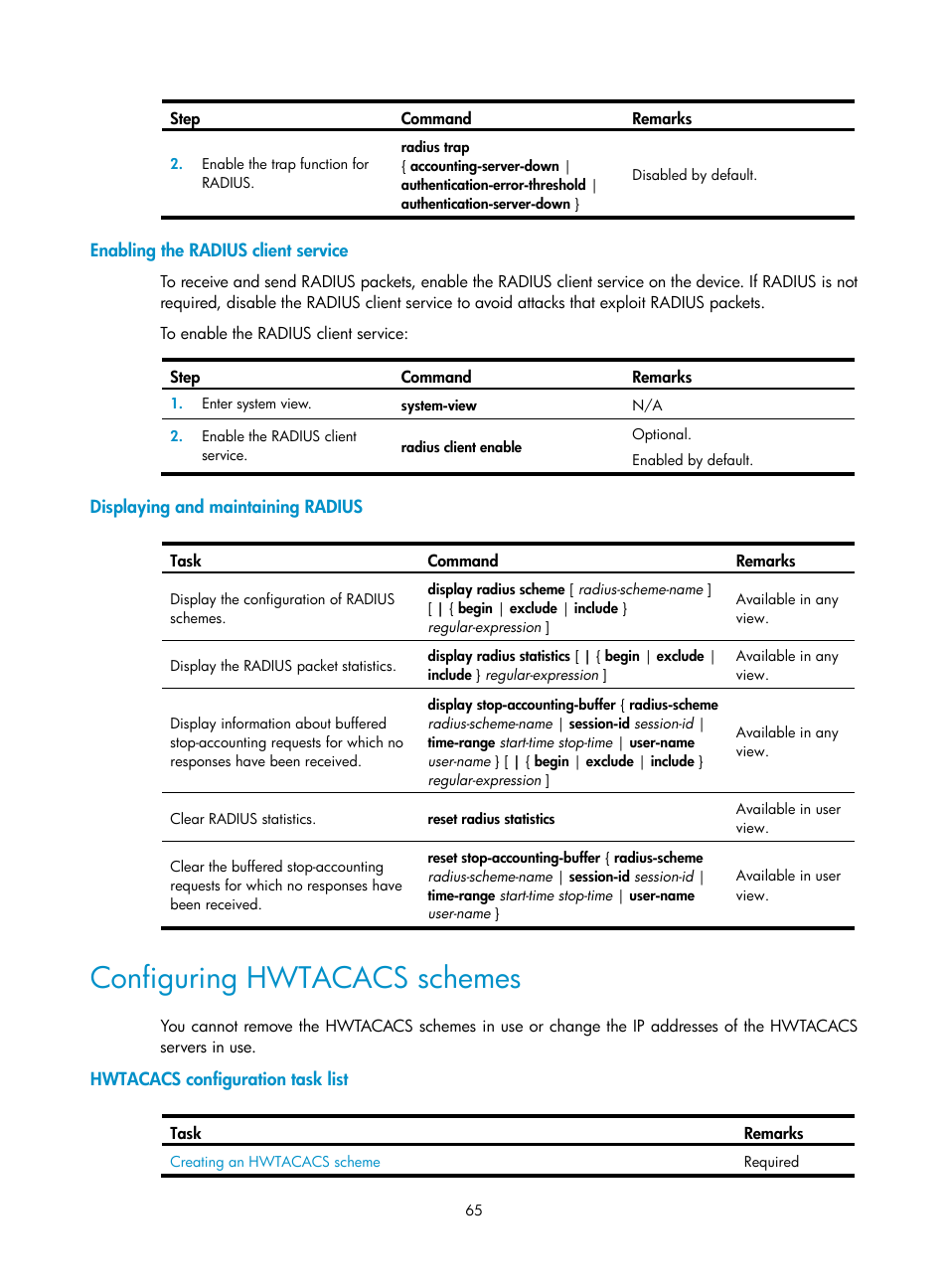 Enabling the radius client service, Displaying and maintaining radius, Configuring hwtacacs schemes | Hwtacacs configuration task list | H3C Technologies H3C SecBlade LB Cards User Manual | Page 76 / 278