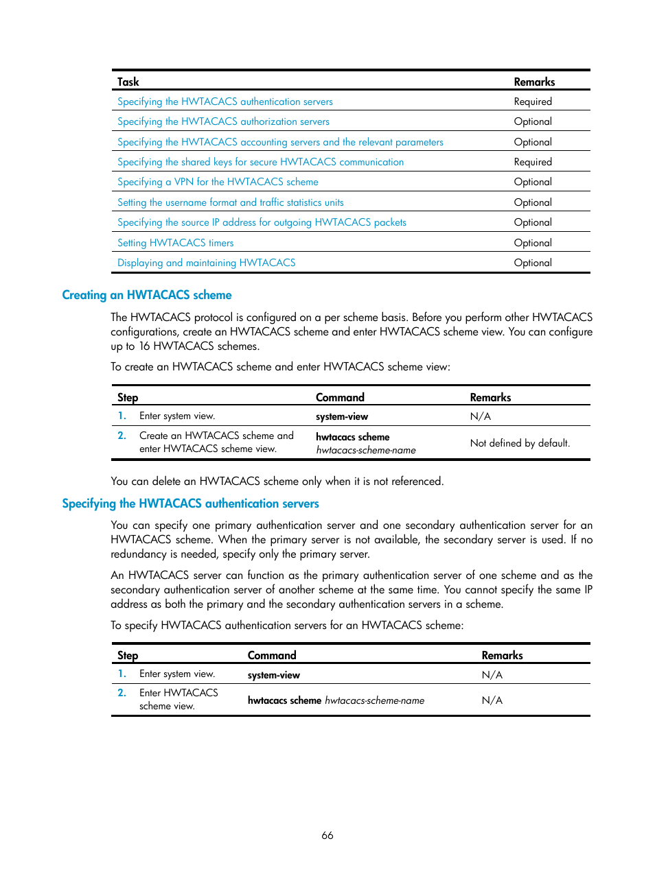 Creating an hwtacacs scheme, Specifying the hwtacacs authentication servers | H3C Technologies H3C SecBlade LB Cards User Manual | Page 77 / 278