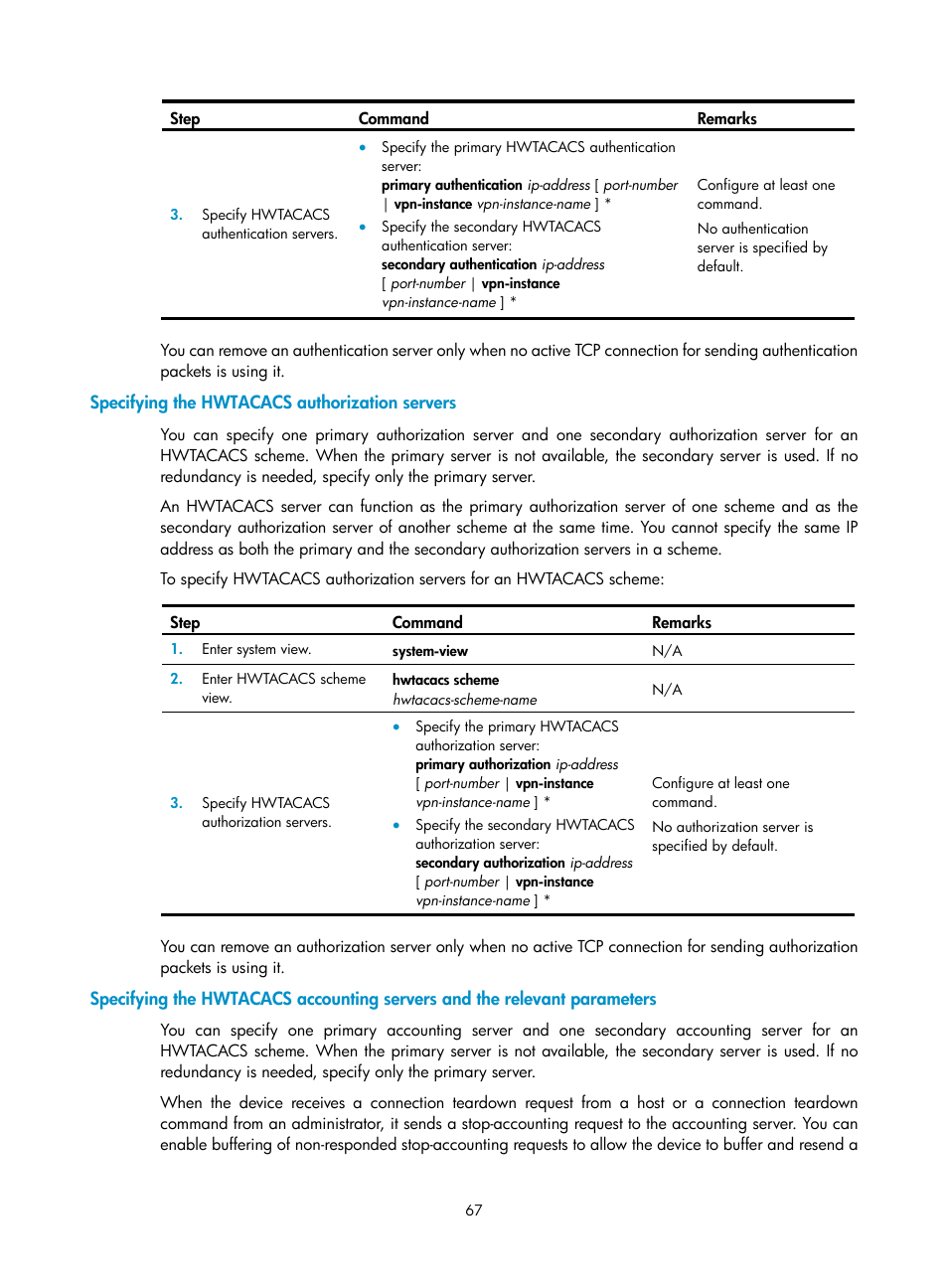 Specifying the hwtacacs authorization servers | H3C Technologies H3C SecBlade LB Cards User Manual | Page 78 / 278