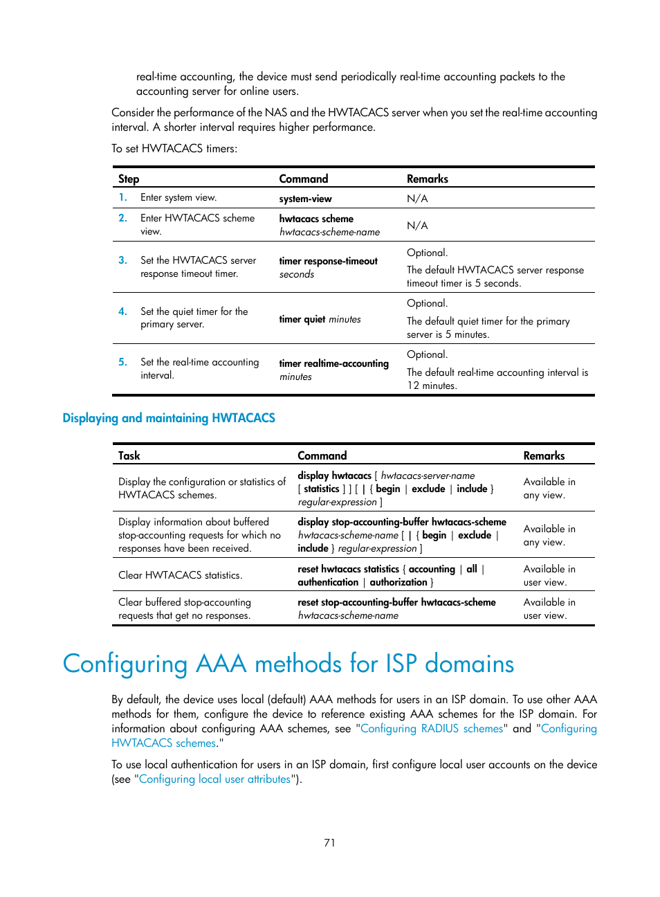 Displaying and maintaining hwtacacs, Configuring aaa methods for isp domains, Configuring aaa | Methods for isp domains | H3C Technologies H3C SecBlade LB Cards User Manual | Page 82 / 278