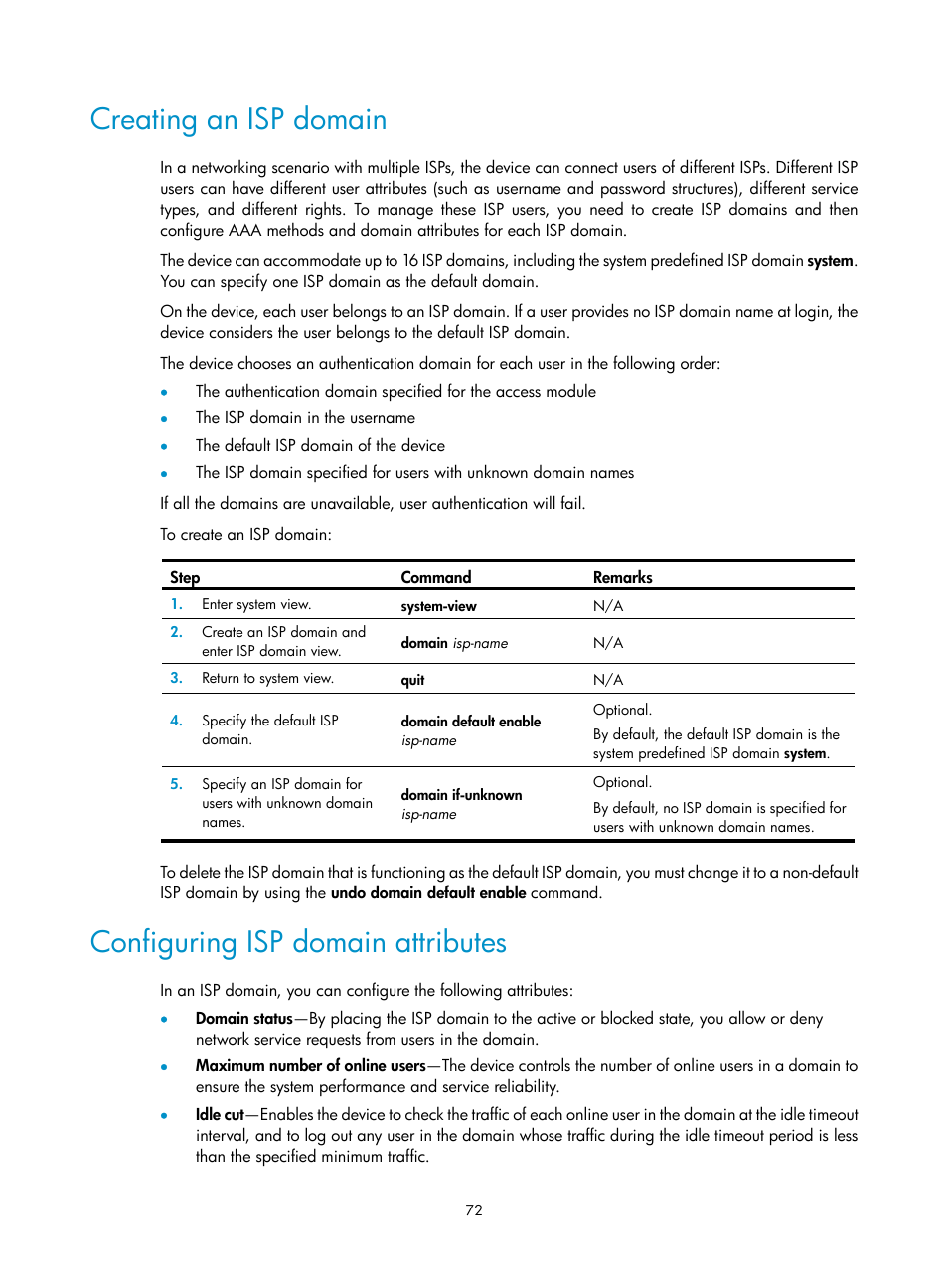 Creating an isp domain, Configuring isp domain attributes | H3C Technologies H3C SecBlade LB Cards User Manual | Page 83 / 278