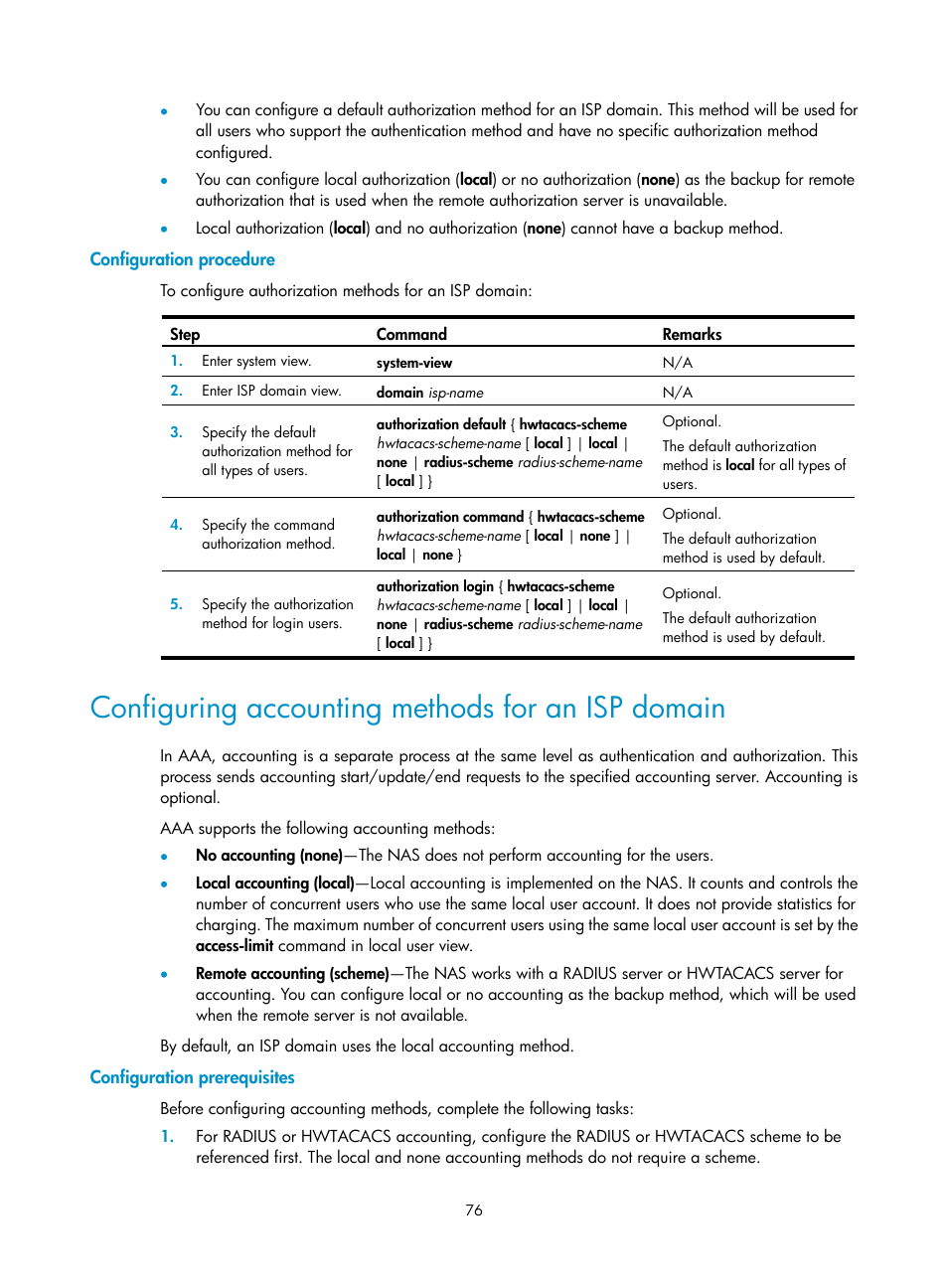 Configuration procedure, Configuring accounting methods for an isp domain, Configuration prerequisites | H3C Technologies H3C SecBlade LB Cards User Manual | Page 87 / 278