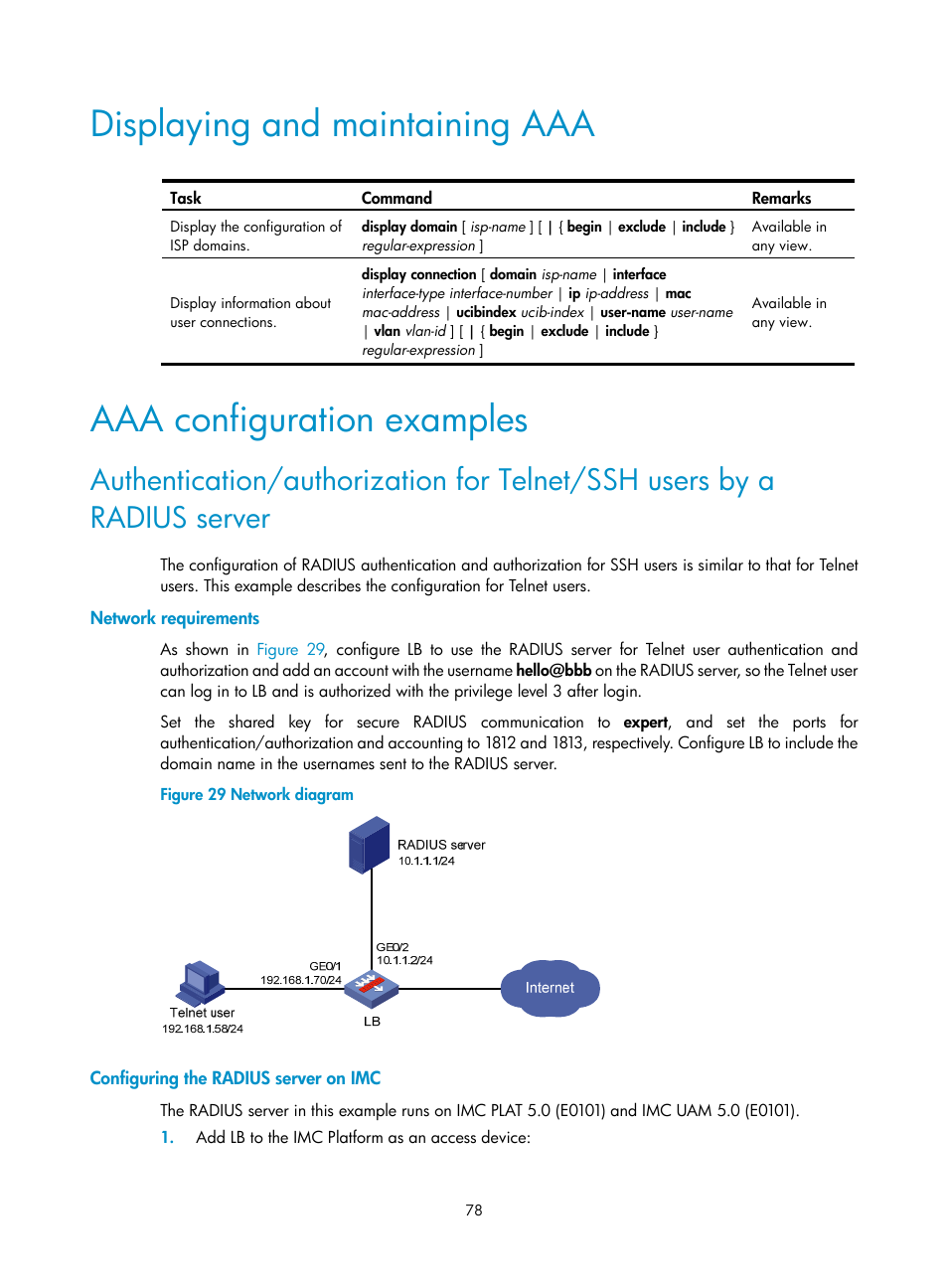 Displaying and maintaining aaa, Aaa configuration examples, Network requirements | Configuring the radius server on imc | H3C Technologies H3C SecBlade LB Cards User Manual | Page 89 / 278