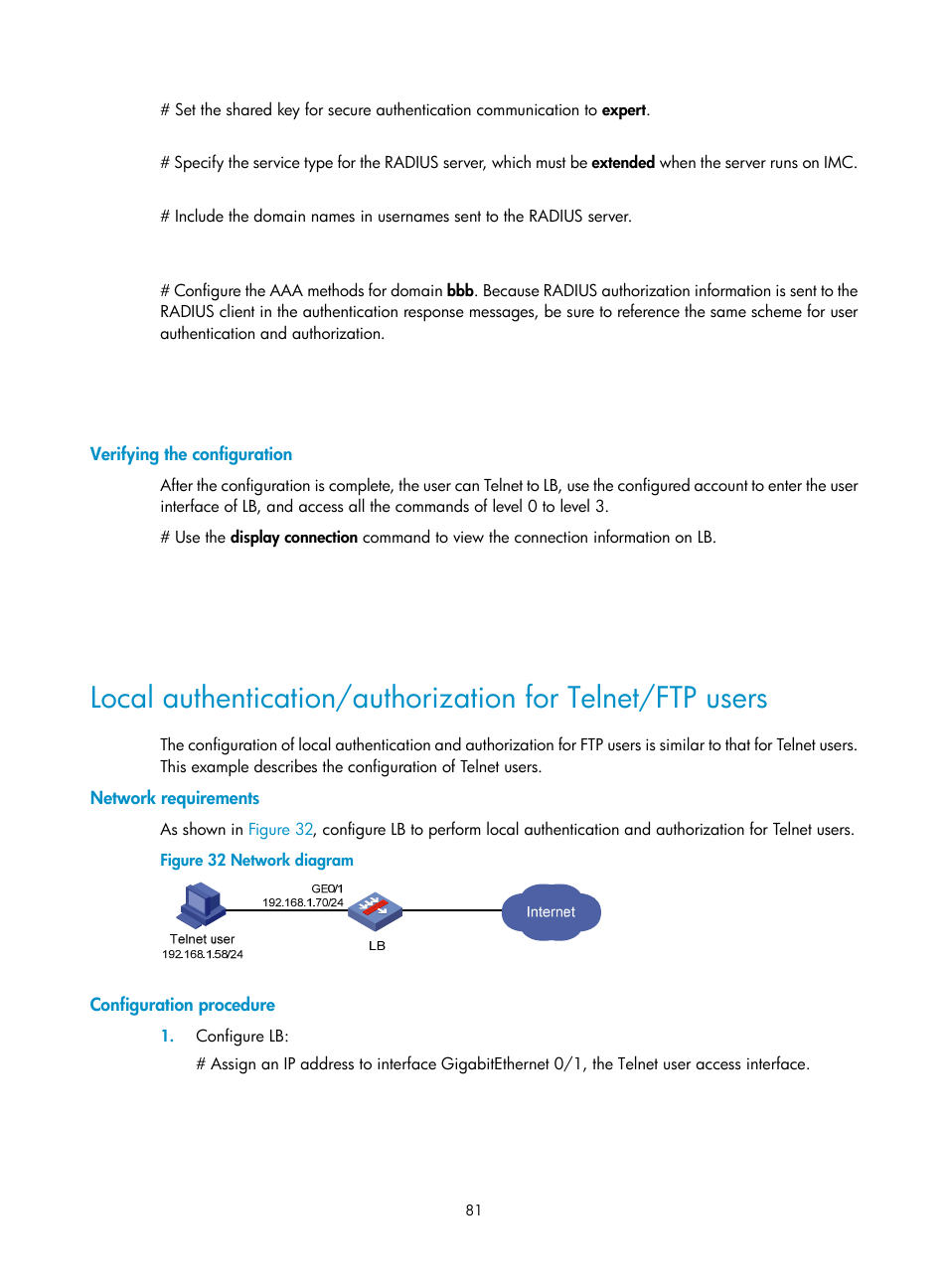 Verifying the configuration, Network requirements, Configuration procedure | H3C Technologies H3C SecBlade LB Cards User Manual | Page 92 / 278