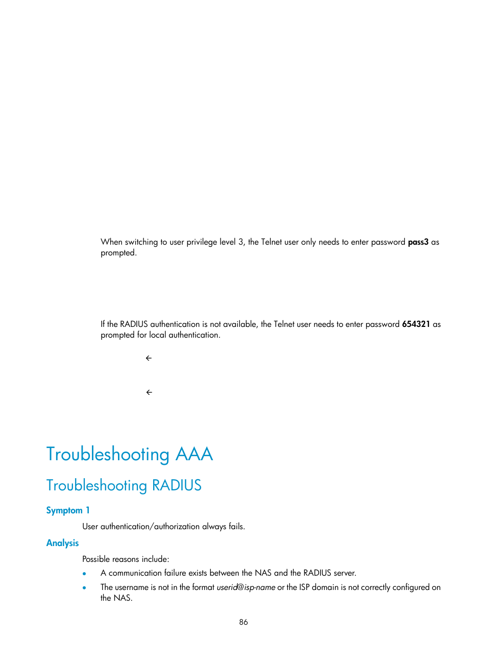 Troubleshooting aaa, Troubleshooting radius, Symptom 1 | Analysis | H3C Technologies H3C SecBlade LB Cards User Manual | Page 97 / 278