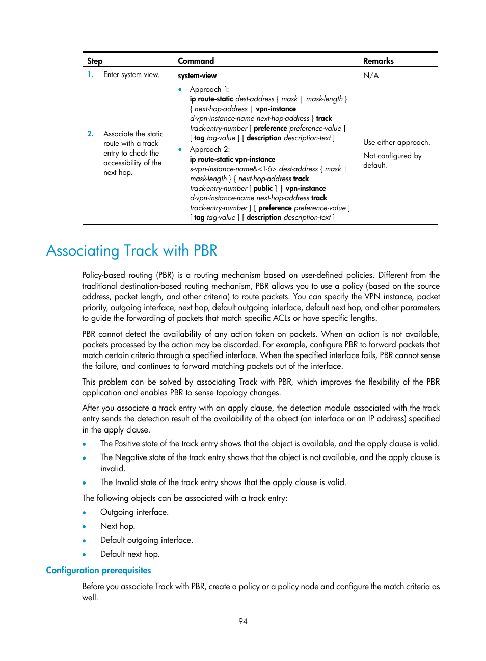 Associating track with pbr, Configuration prerequisites | H3C Technologies H3C SecBlade LB Cards User Manual | Page 102 / 165