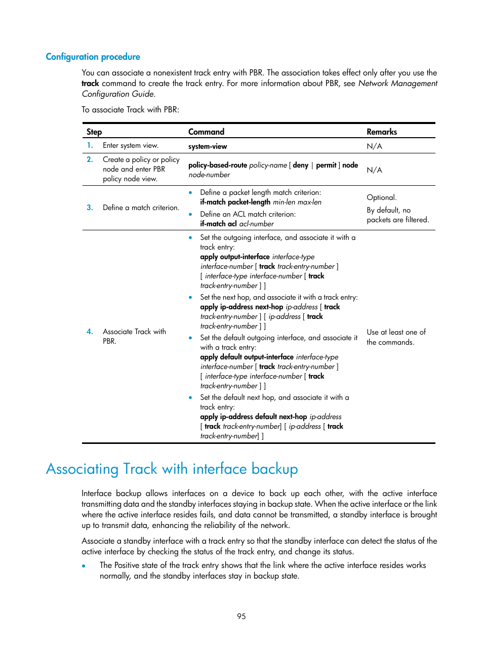 Configuration procedure, Associating track with interface backup | H3C Technologies H3C SecBlade LB Cards User Manual | Page 103 / 165