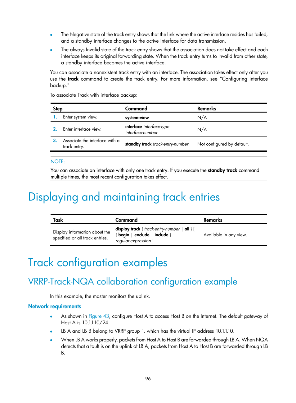 Displaying and maintaining track entries, Track configuration examples, Vrrp-track-nqa collaboration configuration example | Network requirements | H3C Technologies H3C SecBlade LB Cards User Manual | Page 104 / 165