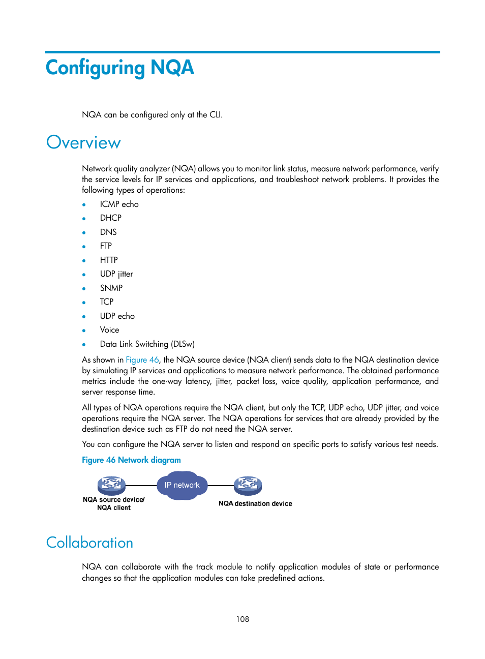 Configuring nqa, Overview, Collaboration | H3C Technologies H3C SecBlade LB Cards User Manual | Page 116 / 165