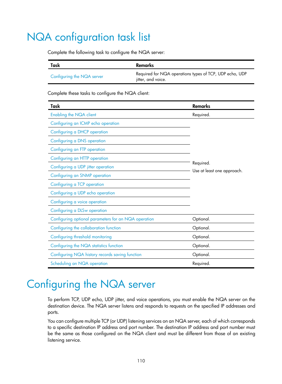 Nqa configuration task list, Configuring the nqa server | H3C Technologies H3C SecBlade LB Cards User Manual | Page 118 / 165