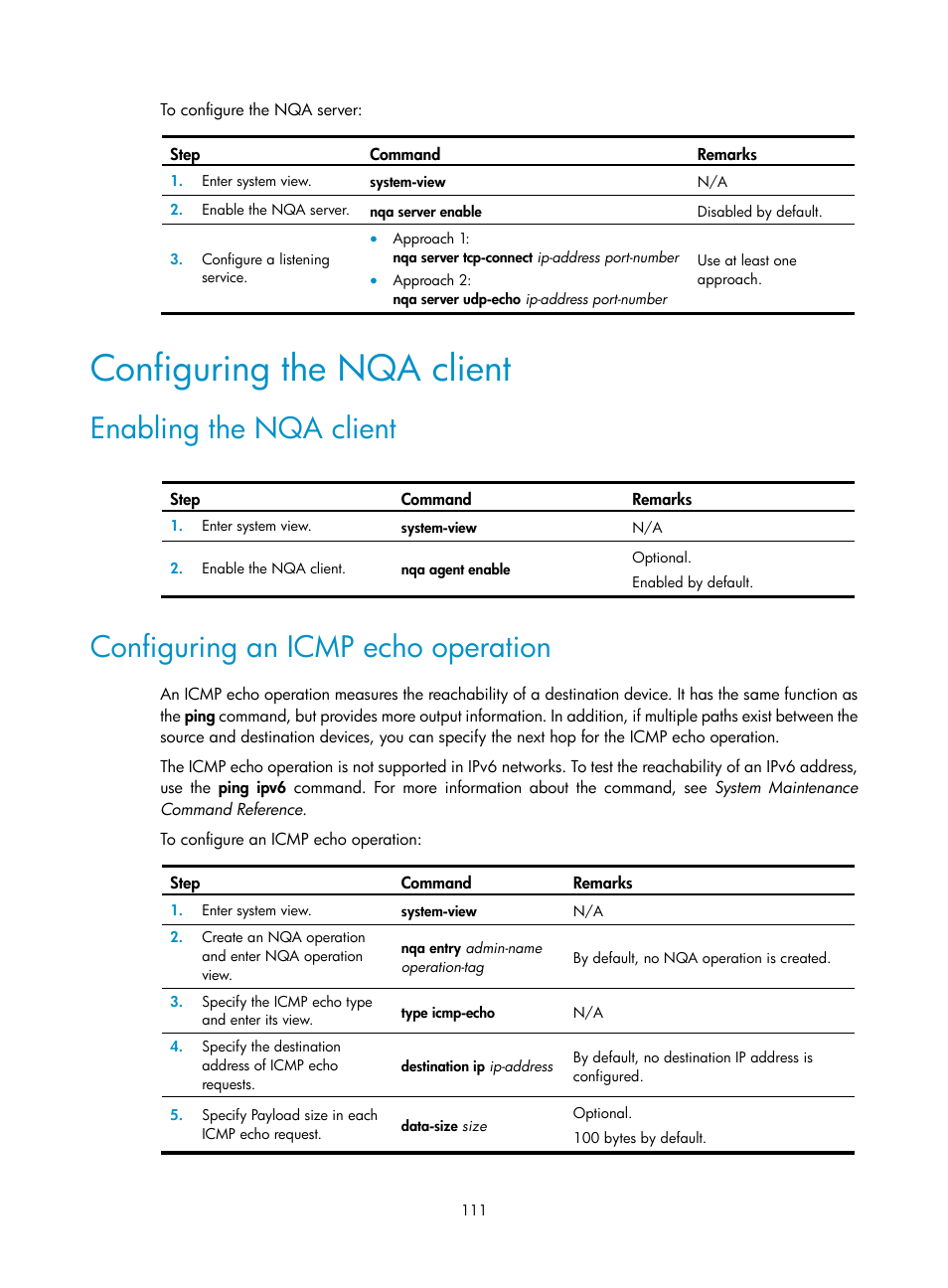 Configuring the nqa client, Enabling the nqa client, Configuring an icmp echo operation | H3C Technologies H3C SecBlade LB Cards User Manual | Page 119 / 165