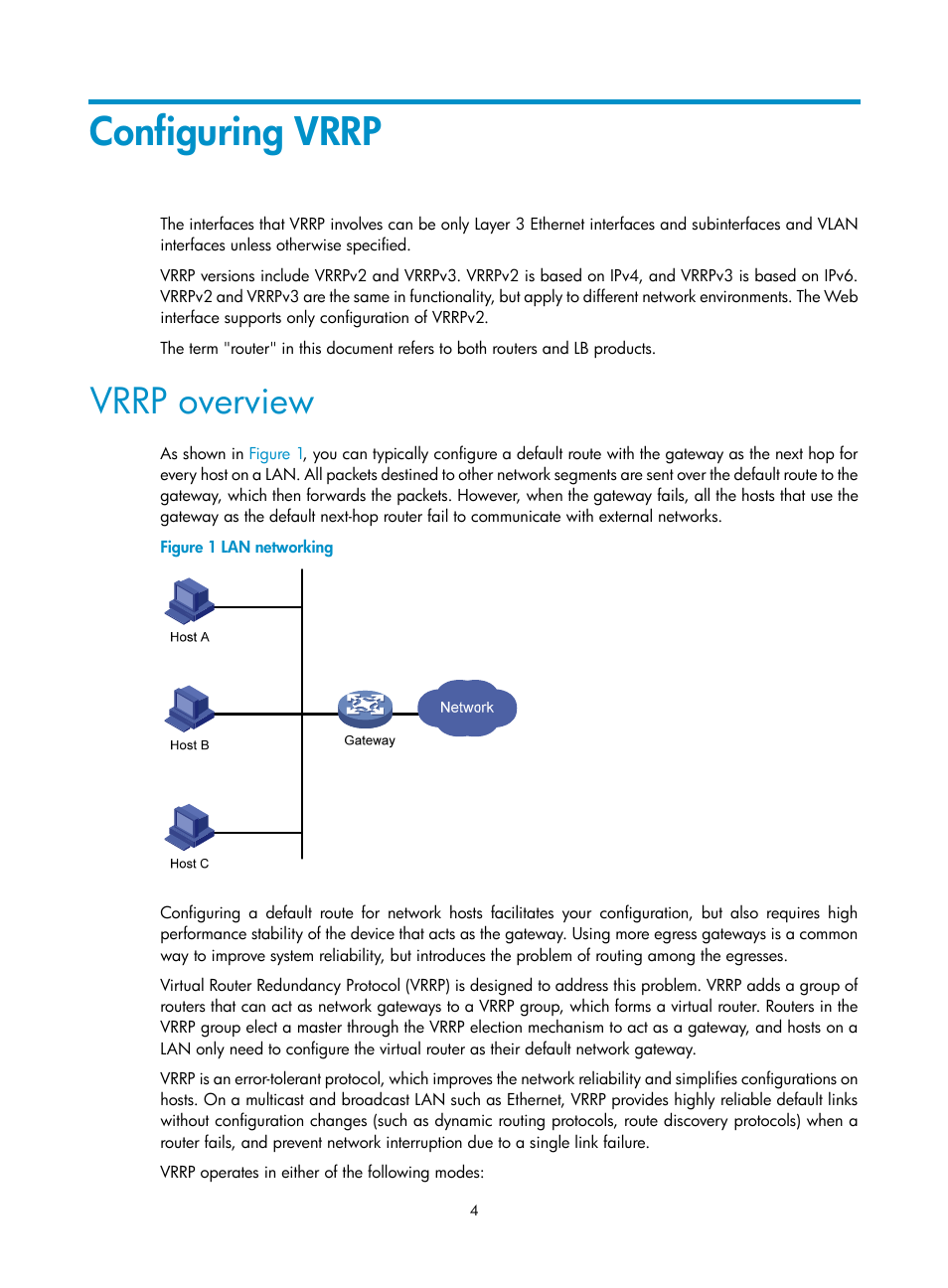 Configuring vrrp, Vrrp overview | H3C Technologies H3C SecBlade LB Cards User Manual | Page 12 / 165