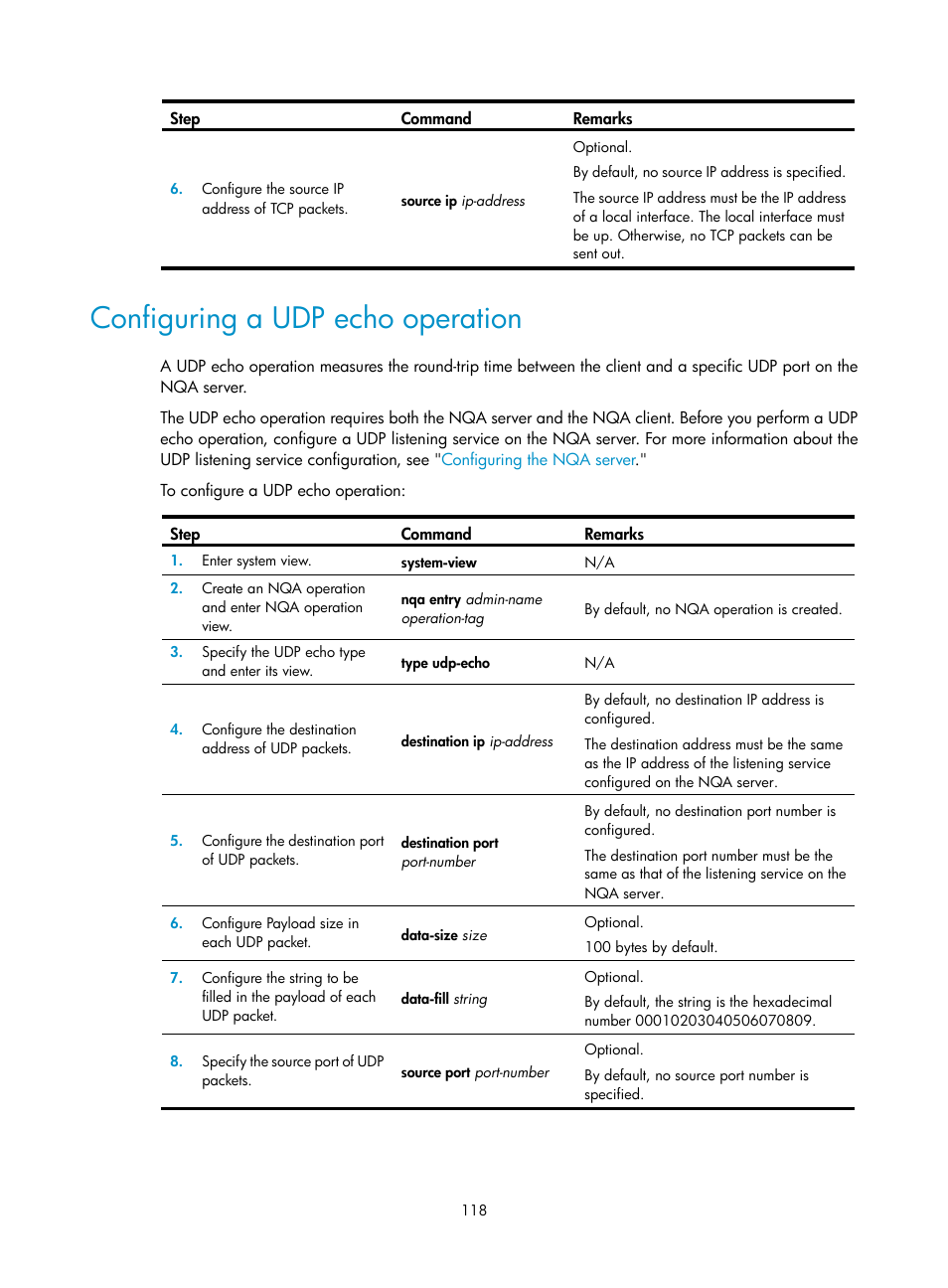 Configuring a udp echo operation | H3C Technologies H3C SecBlade LB Cards User Manual | Page 126 / 165