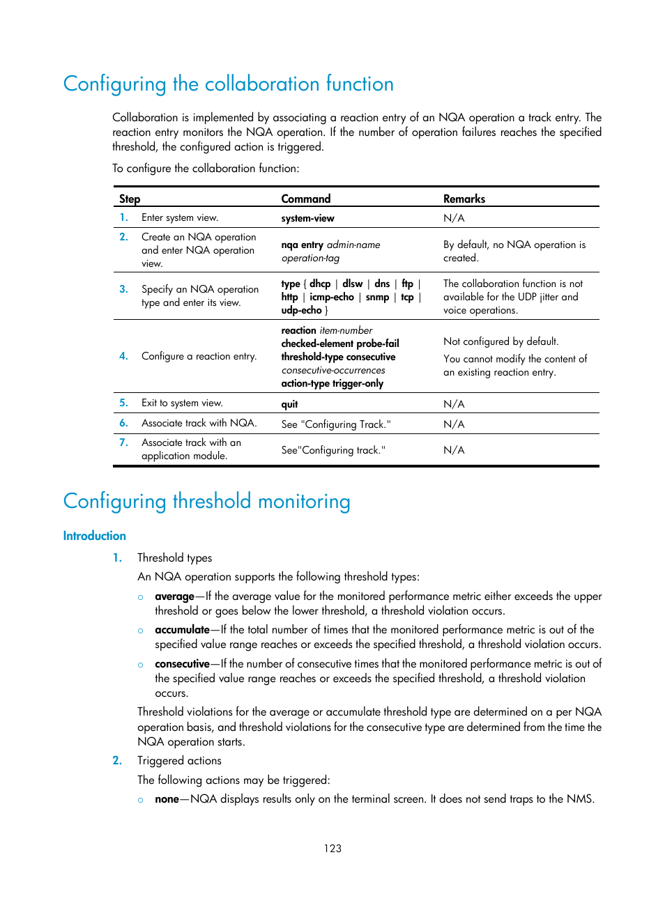 Configuring the collaboration function, Configuring threshold monitoring, Introduction | H3C Technologies H3C SecBlade LB Cards User Manual | Page 131 / 165