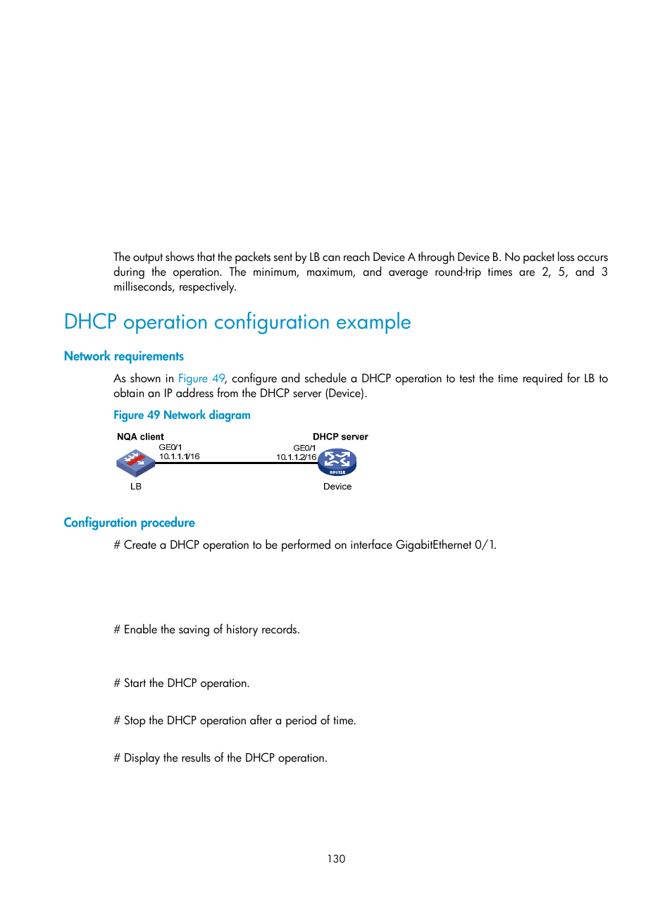 Dhcp operation configuration example, Network requirements, Configuration procedure | H3C Technologies H3C SecBlade LB Cards User Manual | Page 138 / 165
