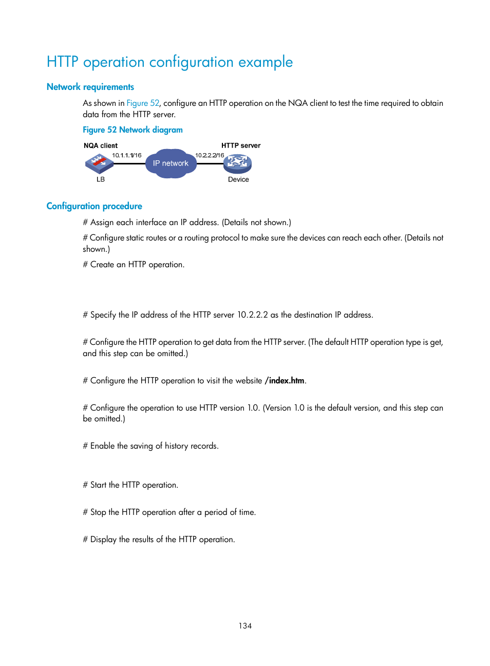 Http operation configuration example, Network requirements, Configuration procedure | H3C Technologies H3C SecBlade LB Cards User Manual | Page 142 / 165