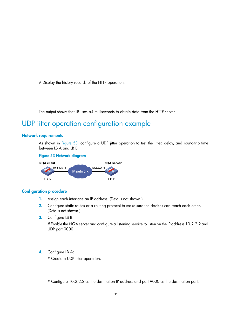Udp jitter operation configuration example, Network requirements, Configuration procedure | H3C Technologies H3C SecBlade LB Cards User Manual | Page 143 / 165