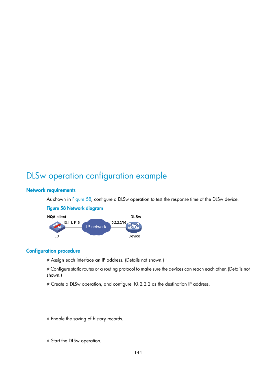 Dlsw operation configuration example, Network requirements, Configuration procedure | H3C Technologies H3C SecBlade LB Cards User Manual | Page 152 / 165