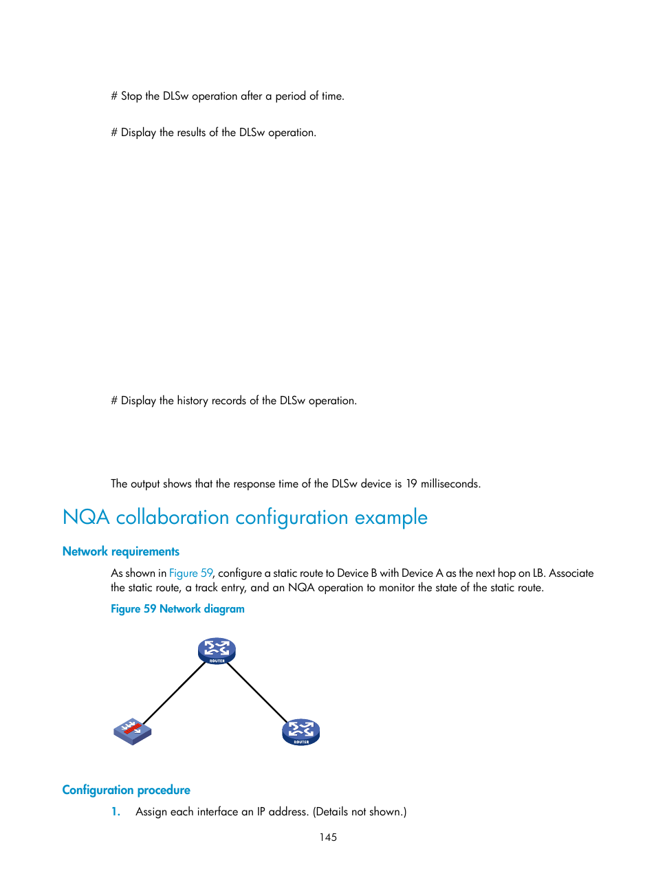 Nqa collaboration configuration example, Network requirements, Configuration procedure | H3C Technologies H3C SecBlade LB Cards User Manual | Page 153 / 165