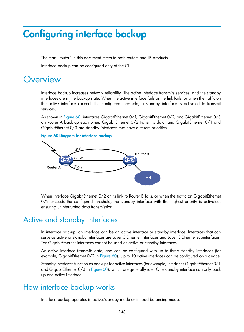 Configuring interface backup, Overview, Active and standby interfaces | How interface backup works | H3C Technologies H3C SecBlade LB Cards User Manual | Page 156 / 165