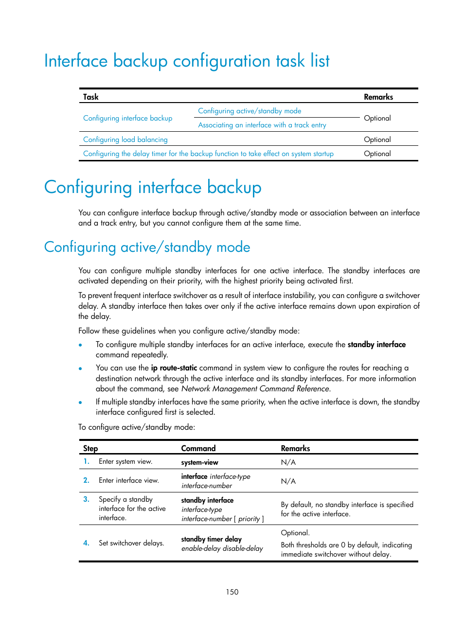 Interface backup configuration task list, Configuring interface backup, Configuring active/standby mode | H3C Technologies H3C SecBlade LB Cards User Manual | Page 158 / 165