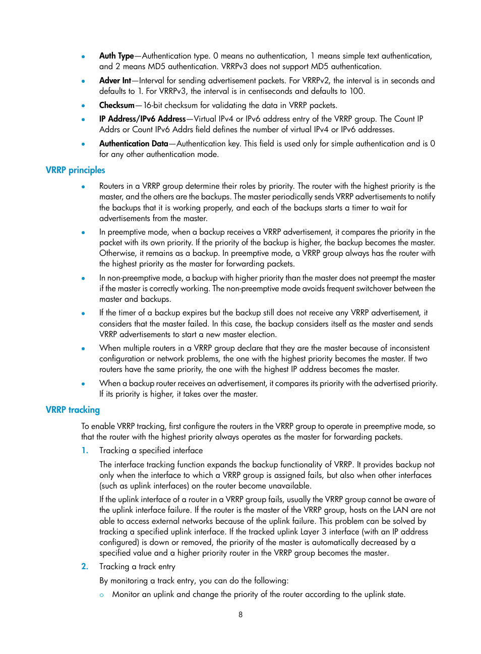 Vrrp principles, Vrrp tracking | H3C Technologies H3C SecBlade LB Cards User Manual | Page 16 / 165