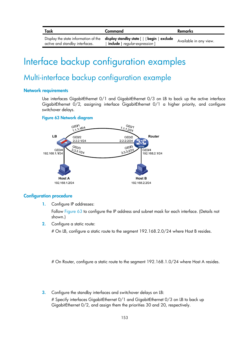 Interface backup configuration examples, Multi-interface backup configuration example, Network requirements | Configuration procedure | H3C Technologies H3C SecBlade LB Cards User Manual | Page 161 / 165