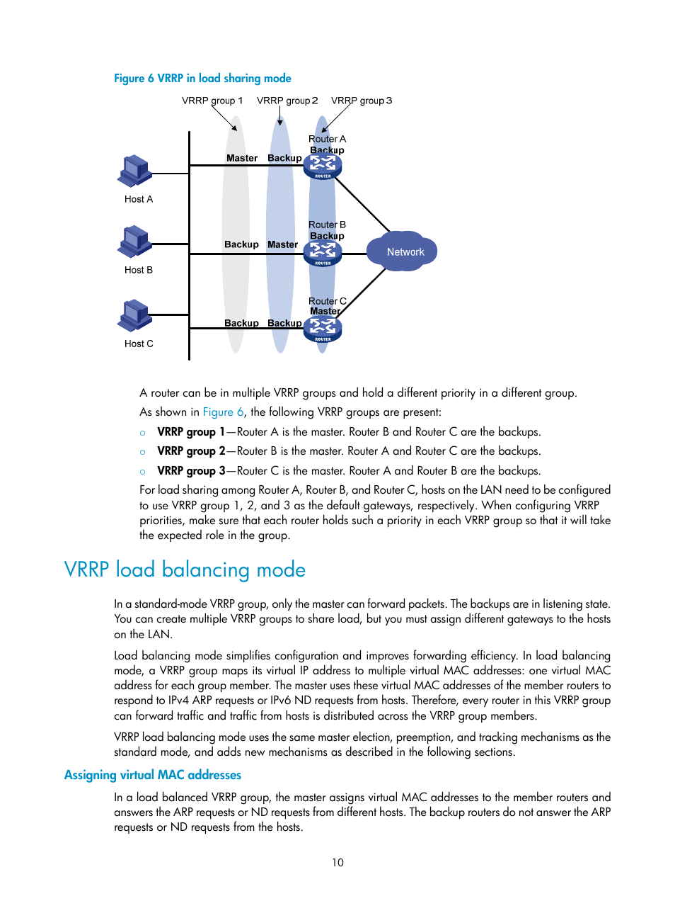 Vrrp load balancing mode, Assigning virtual mac addresses | H3C Technologies H3C SecBlade LB Cards User Manual | Page 18 / 165