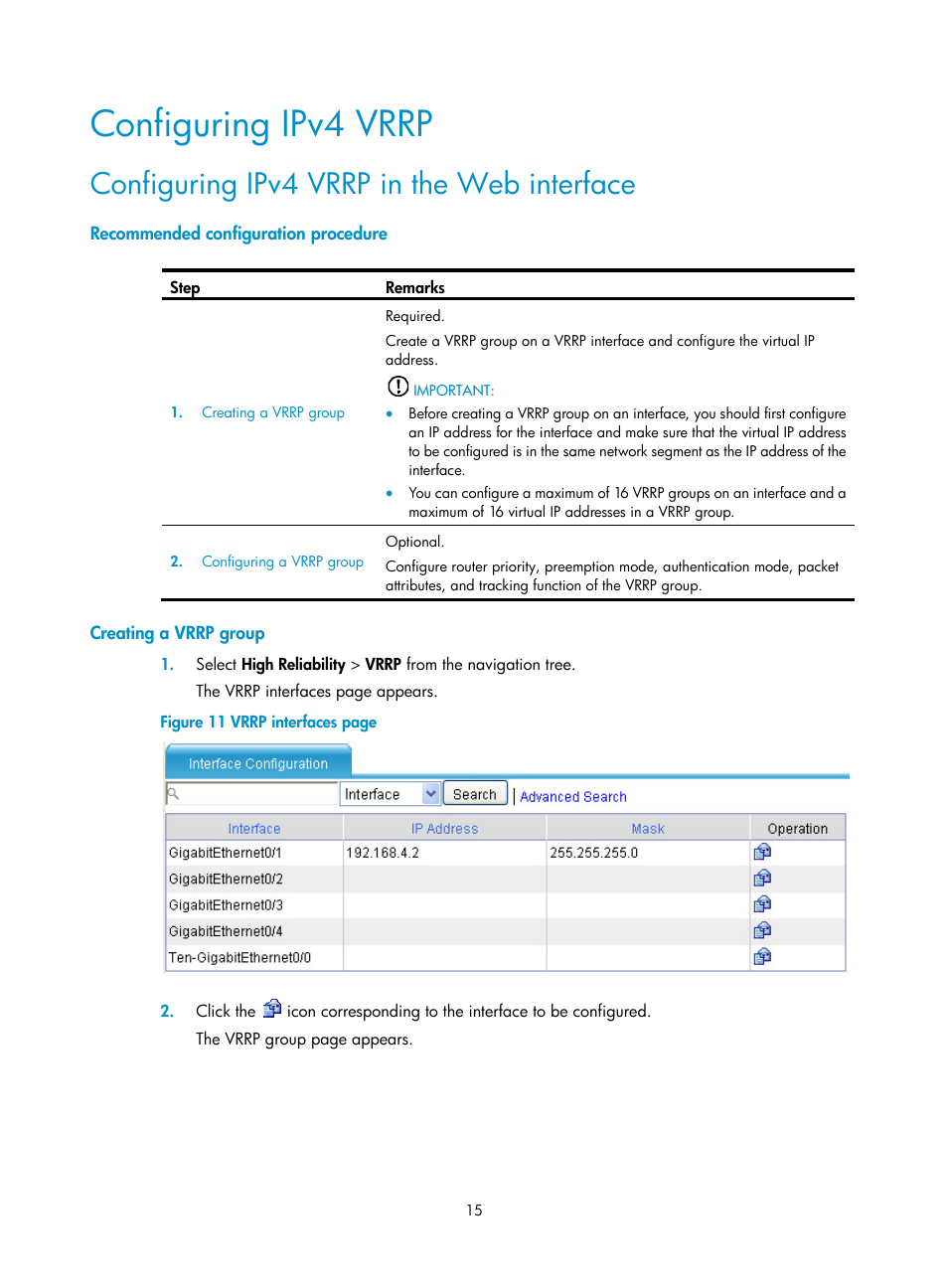 Configuring ipv4 vrrp, Configuring ipv4 vrrp in the web interface, Recommended configuration procedure | Creating a vrrp group | H3C Technologies H3C SecBlade LB Cards User Manual | Page 23 / 165